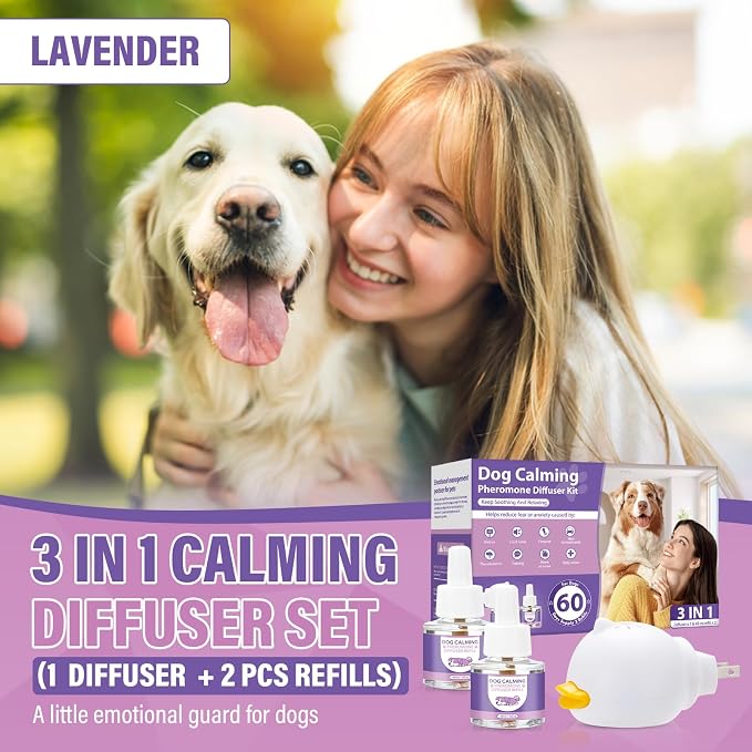 Dog Pheromones Calming Diffuser 3 in 1 Advanced Kit Appeasing Pheromone Diffuser to Calm, 1 Plug in+2x48ml Refill, Lavender