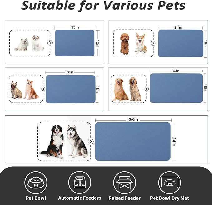 HotLive Dog Food Mat - Absorbent Cat Mat for Food and Water, No Stains Pet Feeding Bowl Mat, Easy to Clean Pet Placemats, Quick Dry Dog Water Dispenser Mat for Messy Drinkers | Blue 16"x 24"