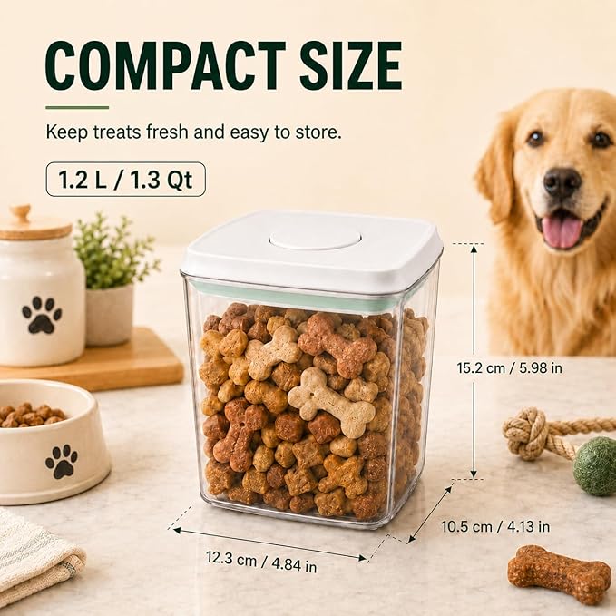 Pet Dog-Cat POP-Treat Airtight jar-Container - 1.3 Qt/1.2 L and 2.2 Qt/2 L | Stackable One-Touch Opening | For Snacks Candy Salt Herbs Spices | BPA-Free