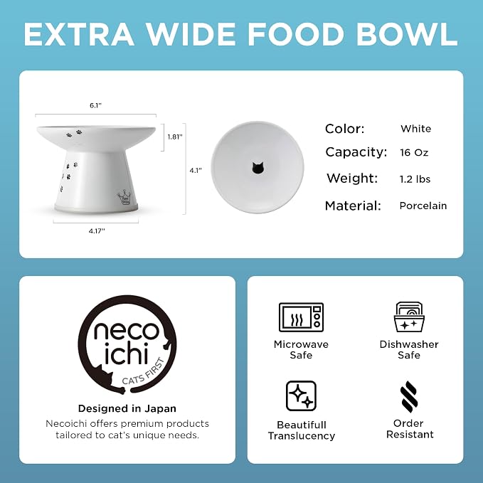 Necoichi Raised Cat Food Bowl – Ceramic Elevated Cat Bowl for Whisker & Neck Fatigue, Dishwasher Microwave Safe – Non-Slip & Anti Vomiting Ergonomic Design (Cats, Extra Wide, 2-Cups Capacity)