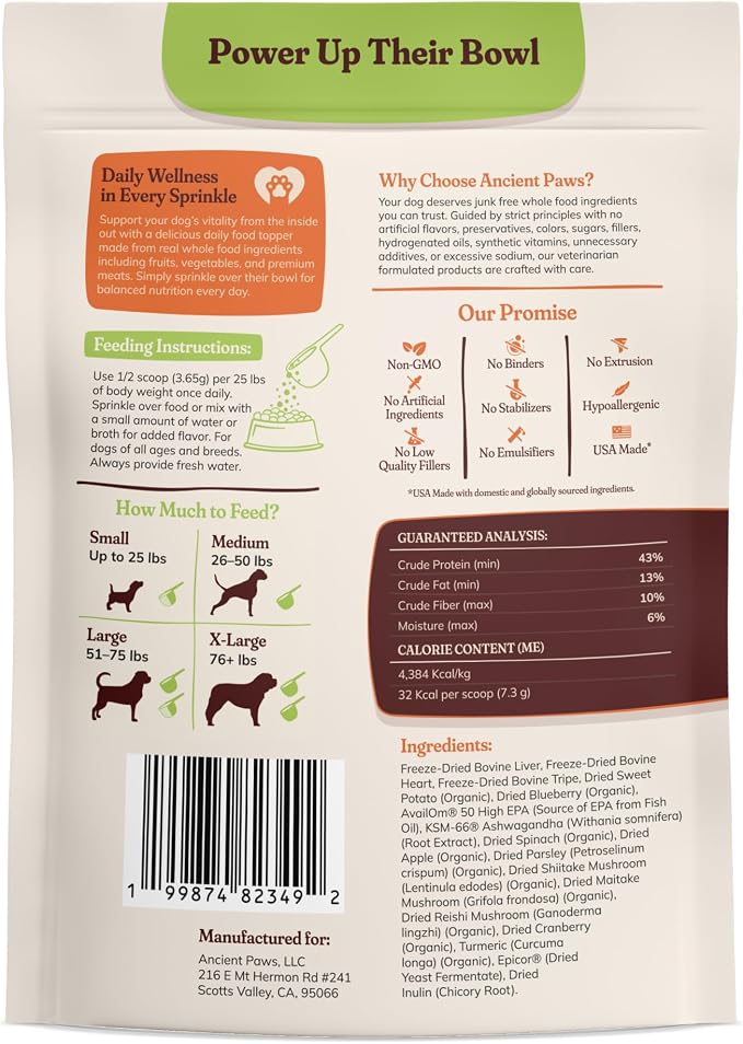 All-in-One Multivitamin Dog Food Topper, Longevity & Probiotics for Dogs | Supports Digestion, Skin & Coat, Joints, Immunity & Calm Behavior, Non-GMO, No Fillers, USA Made, For Dogs All Ages & Breeds