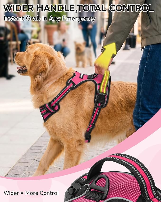 Joytale No Pull Dog Harness & Seat Belt, Easy On 3-Buckle, L, Hot Pink | Front Clip Reduces Pulling, Escape-Resistant Design, Adjustable Fit, Soft Padding for Comfort, Secure Tether for Safer Travel