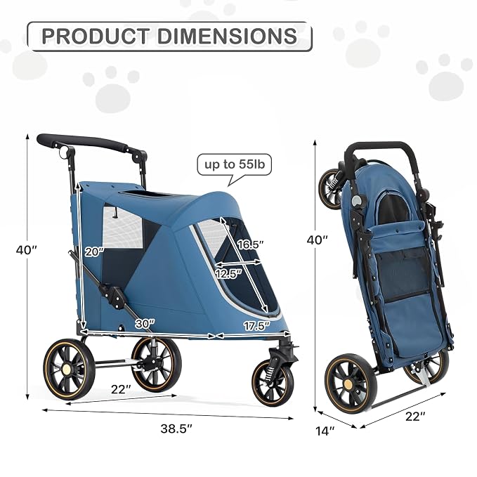 MoNiBloom Pet Stroller for Large Dogs or Dogs Cats up to 55 lbs, Navy Blue | with Adjustable Handle, 3-Wheels Dual Entry Portable Dog Carting Easy Folding Pet Wagon Double Multiple Dog Stroller