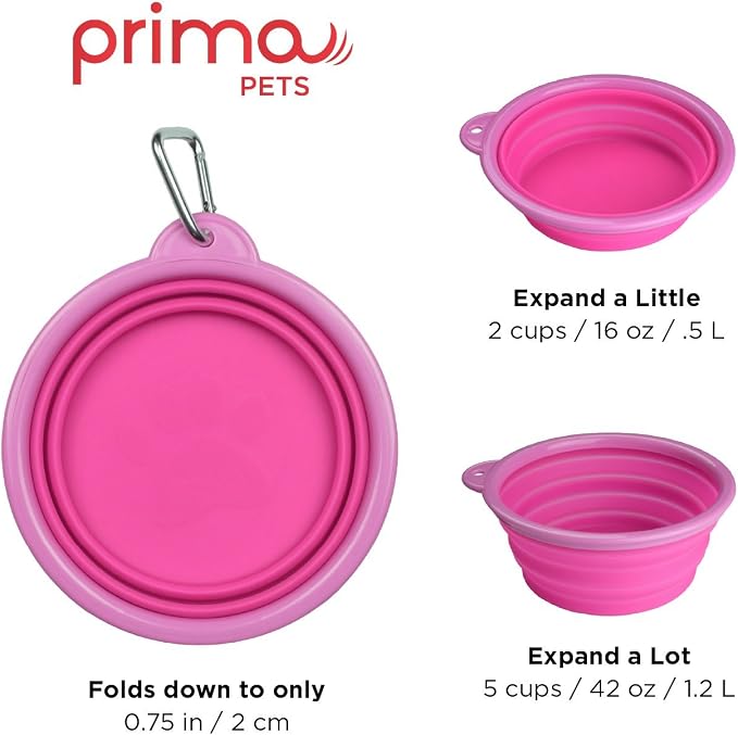 Collapsible Silicone Water Travel Bowl with Clip, Large 5 Cups, Pink, 2 Pack