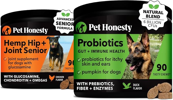 Senior Hemp Hip & Joint Support & Probiotics Virtual Bundle: Mobility Supplement & Gut Health Chews for Dogs (Chicken & Duck 90 ct)