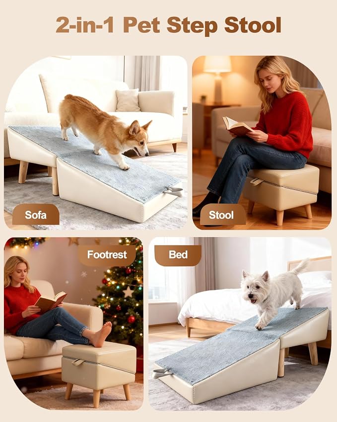 Dog Ramp for Couch Sofa and Low Bed, 15.7" W 2-in-1 Foldable Split Ottoman&Steps, Non-Slip Wooden Pet Stairs for Small Senior Injured Dogs & Cats, Grey