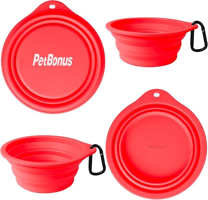 PetBonus Large Collapsible Dog Bowls, 2 Pack, 34oz, Black, Red
