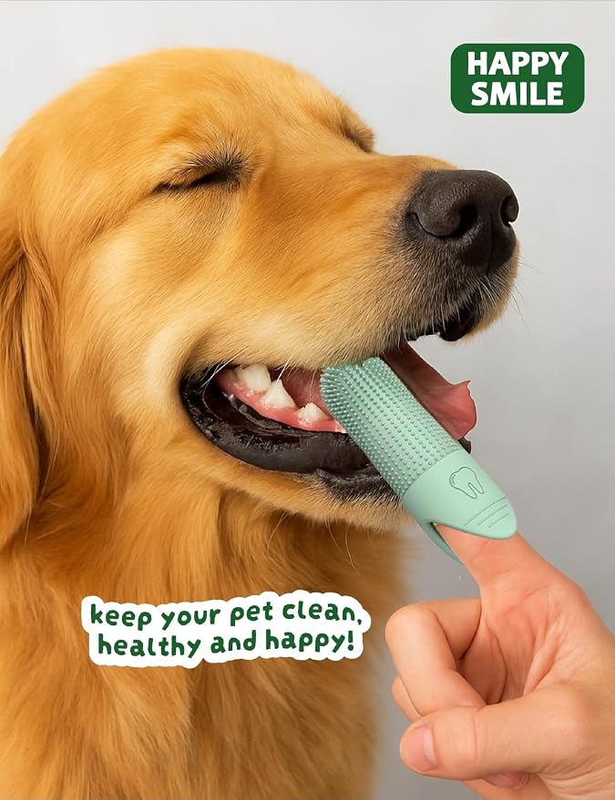 Happy Smile Dog Toothbrush 360° – Soft Silicone Finger Toothbrush for Dogs & Cats, Gentle Teeth Cleaning, BPA-Free, 2-Pack (Blue & Green)