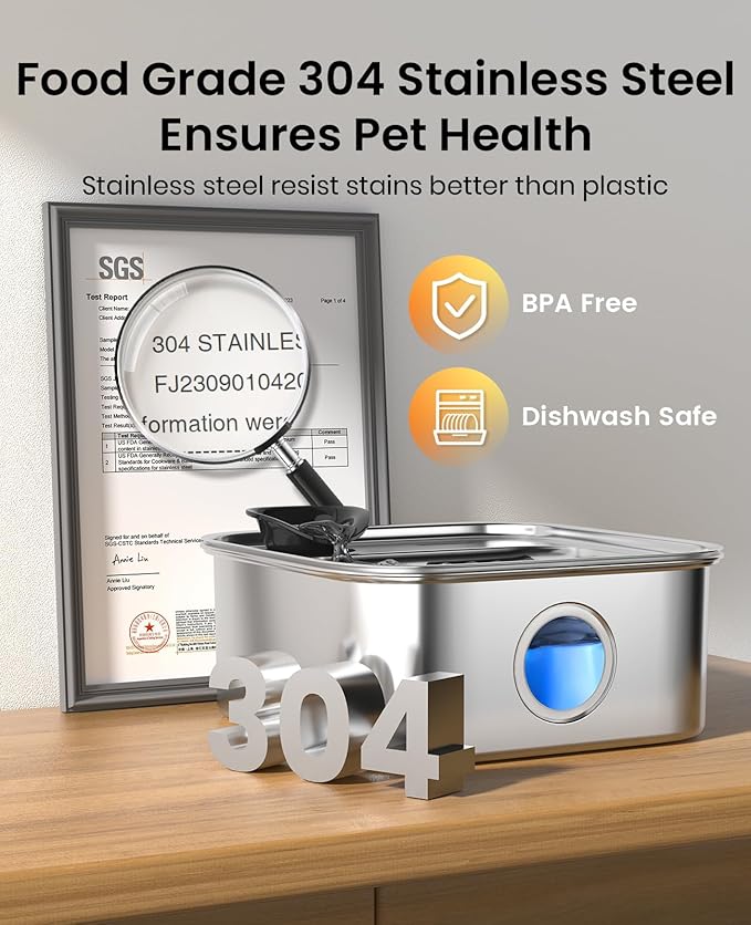 oneisall Dog Water Fountain for Large Dogs, 10L/2.6Gal Stainless Steel Automatic Dog Water Bowl Dispenser with Deeper, Wider Drinking Area, Water Window & Triple Filtration for Large Dogs & Multi-Pet