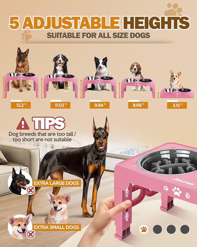 Jovrun Elevated Dog Bowls for Small Medium Large Size Dogs, Non-Slip Dog Feeder with 2 Food Water Bowls, 2-5 Heights Adjustable Raised Bowls Stand