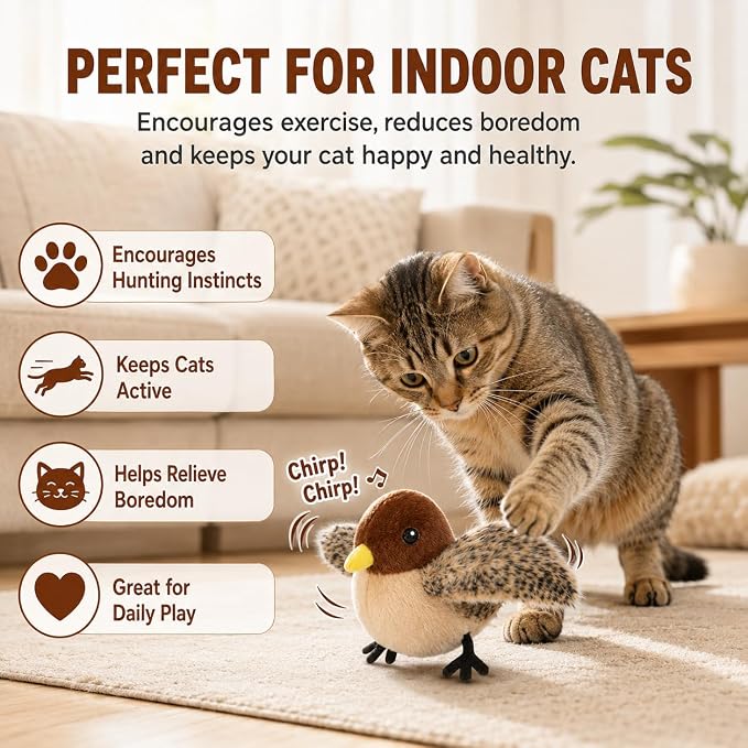 Flying Bird Cat Toy (Not a Flying Bird) – Interactive Flappy Bird Toy for Indoor Cats, USB Rechargeable with Real Feathers, Chirping Sounds & Remote Control