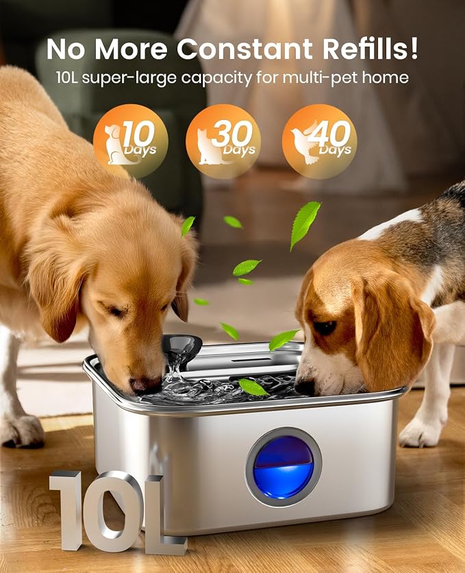 oneisall Dog Water Fountain, 2.6Gal/10L Stainless Steel Dog Water Bowl Dispenser with Deeper Drinking Aera & Washable Filter, Ultra-Quiet Pet Water Fountain for Small Medium Large Dogs(with 5 Fllters)