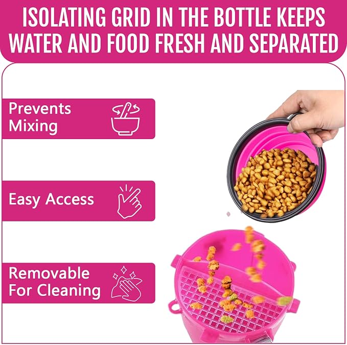 2-in-1 Dog Travel Water Bottle with Collapsible Bowl, Pink
