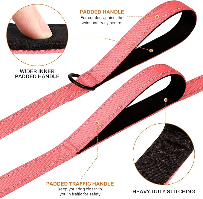 Joytale Dog Leash for Large Dogs that Pull, Double Handle, 6FT, Neon Pink | Traffic Handle for Control, Padded Handle Reduces Hand Strain, Reflective Stitching for Night Safety, Strong Nylon Webbing