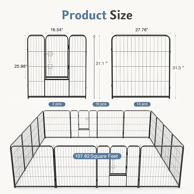 DUMOS Dog Playpen Indoor/Outdoor, Metal, 32in, 16 Panels, Foldable with Door