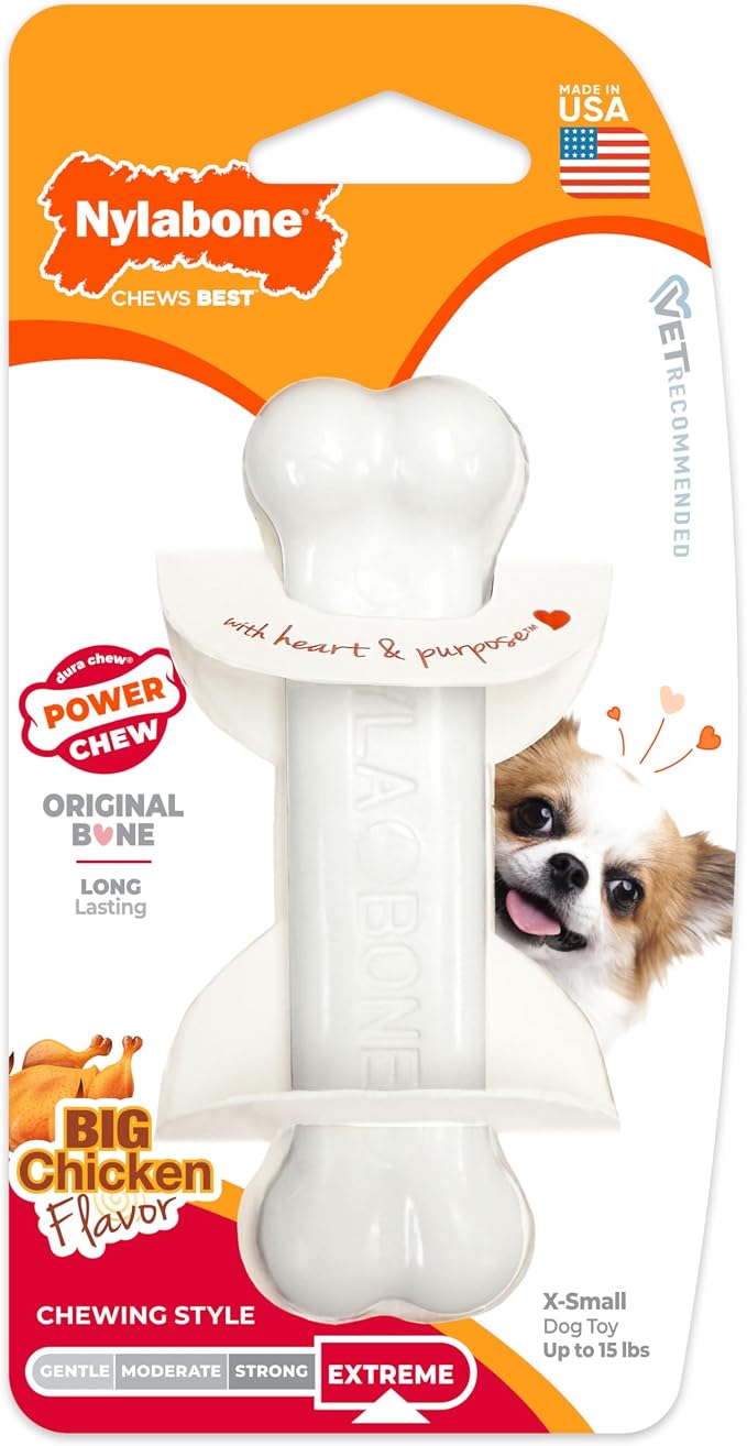 Nylabone Power Chew Classic Bone Chew Toy for Dogs, Durable Dog Toys for Aggressive Chewers, Chicken Flavor, X-Small/Petite - Up to 15 lbs. (1 Count) | Durable, discourages destructive chewing, long lasting, flavor throughout, keeps dogs busy, for dogs...