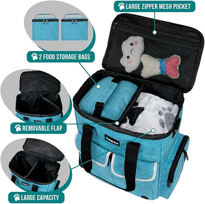 PetAmi Dog Travel Bag Organizer with Food Containers & Bowls, Teal Blue
