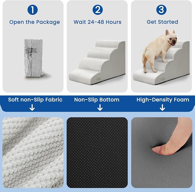 Airpanda Dog Steps for Bed, 4 Step Pet Stairs for Small and Medium Dogs, Non-Slip Dog Ramp with Washable Cover, High-Density Support Foam for Easy Climbing,Light Grey