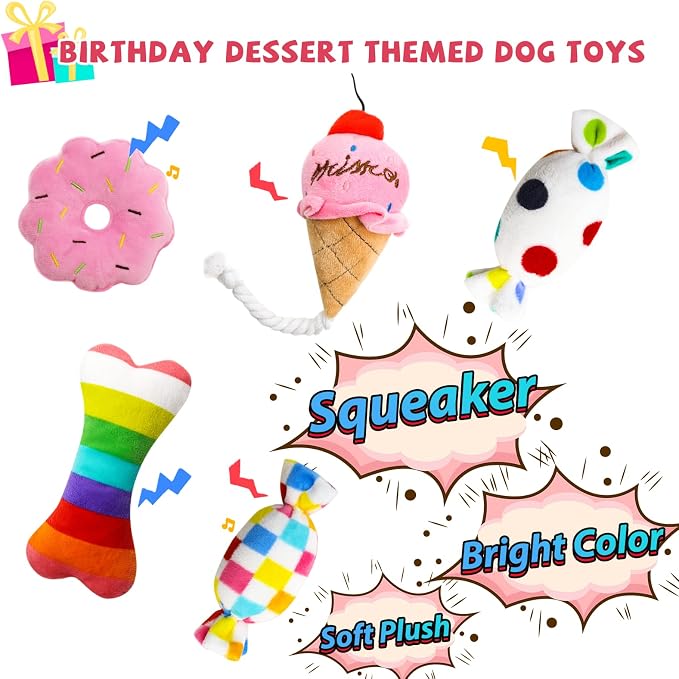 lilfrd 9Pcs Pink Dog Birthday Toy Set, Squeaky Hat Bandana Gift for Dogs | Birthday Party Kit, Plush Squeaky Dog Toys, Suitable for Small Medium Puppy