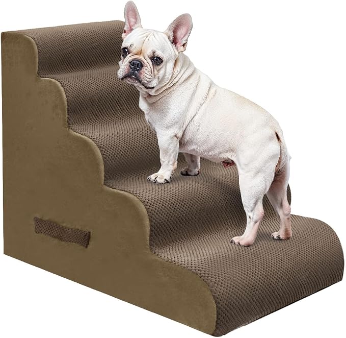 PAWSCRAT Pet Stairs for Dogs 5-Step, 22.8" H Pet Stairs for High Bed, Couch Sofa & Chair, 30D Material Soft Foam Dog Steps with Non-Slip Bottom Surface Removable Washable Cover, Brown