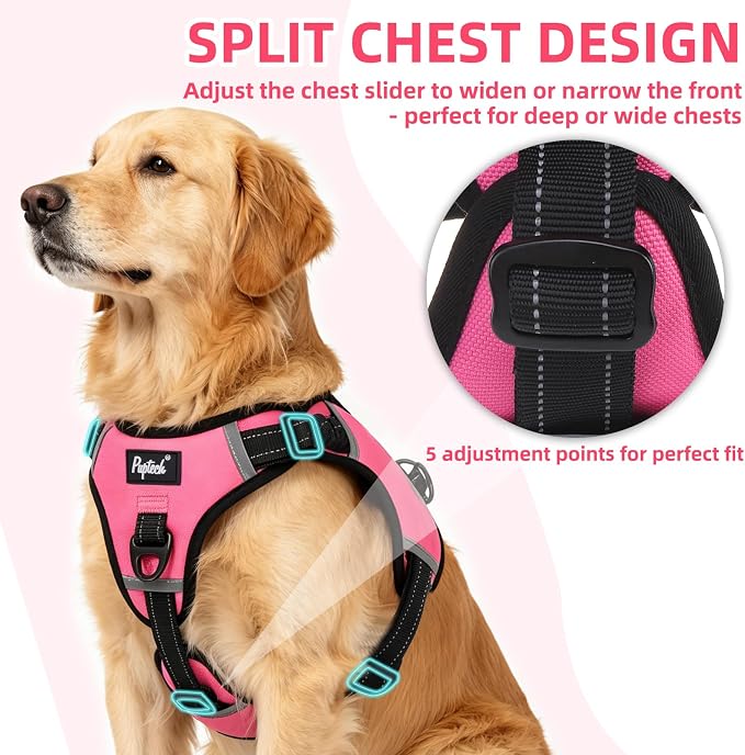 PUPTECK Dog Harness for Large Dogs, No Pull Step-in Pet Vest Harness, Adjustable Soft Padded Reflective Safe Night Walking, No Choke Easy On & Off, Fuchsia L
