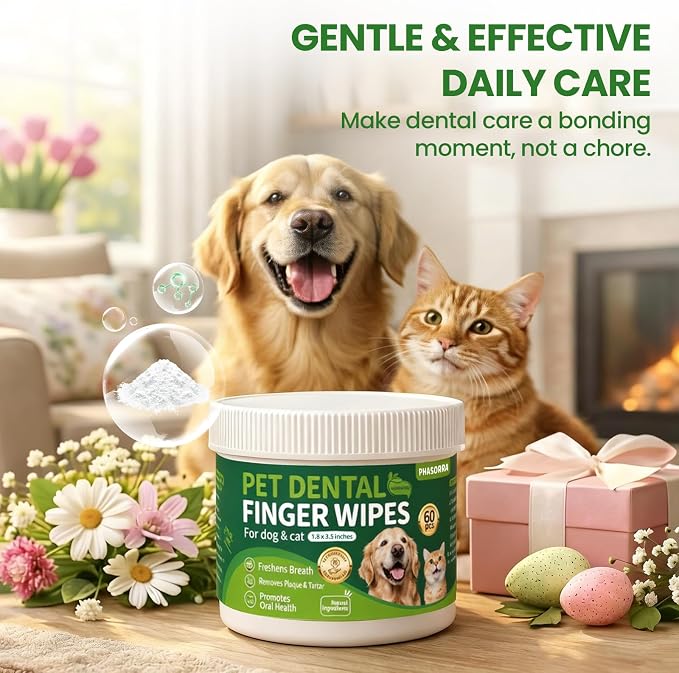 Dog & Cat Tooth Brushing kit - 60Ct Dog Toothbrush & Toothpaste Alternatives, Dental Care Wipes, Heavy Duty Teeth Cleaning, Remove Tartar & Plaque, Breath Freshener