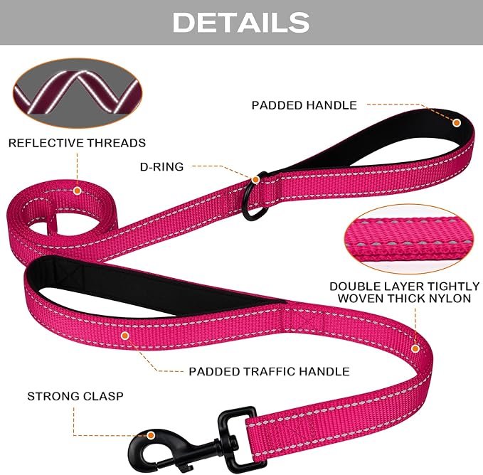 Joytale Dog Leash for Large Dogs that Pull, Double Handle, 4FT, Hot Pink | Traffic Handle for Control, Padded Handle Reduces Hand Strain, Reflective Stitching for Night Safety, Strong Nylon Webbing