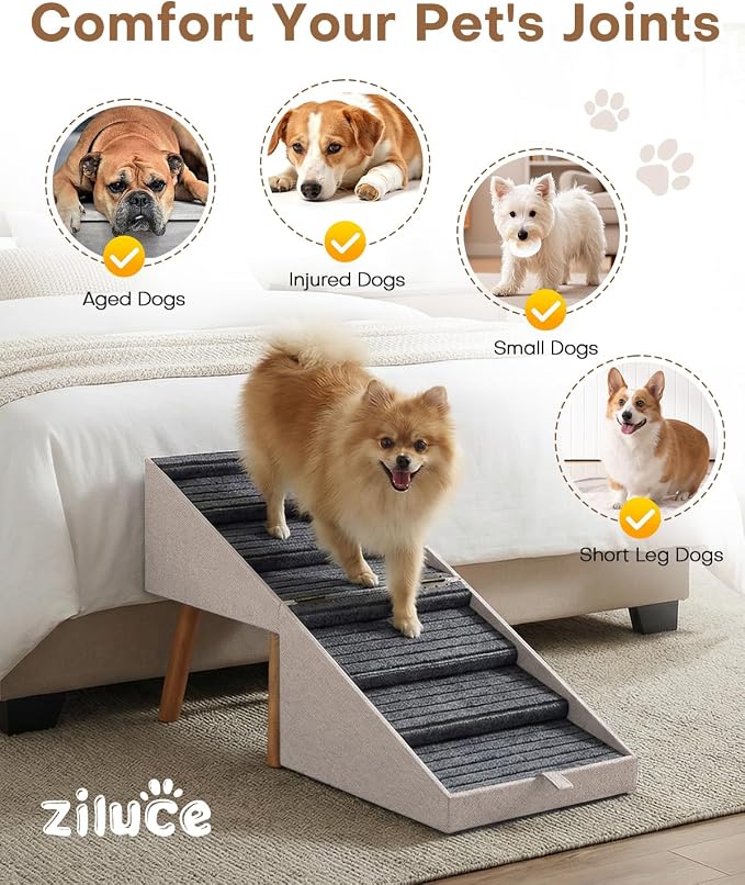 Dog Ramp for Bed & Couch, 21.06 inches High Dog Stairs for Large/Medium/Small Doggie, Foldable 2 in 1 Wooden Pet Steps for Puppy Older and Injured Dogs, Split Ottoman Design, No-Slip Surface (Apricot)
