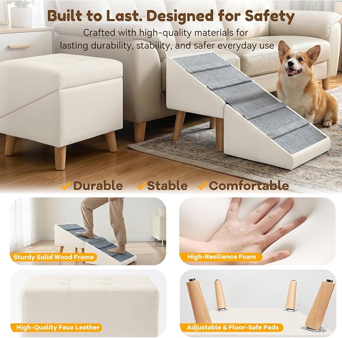 Dog Ramp for Small Dogs, 15.7" H 3-in-1 18.5" Extra Wide Foldable Ottoman & Hidden Storage Design Dog Stairs for Couch Sofa, Non-Slip Pet Steps for Puppy Senior Injured Dogs (White)