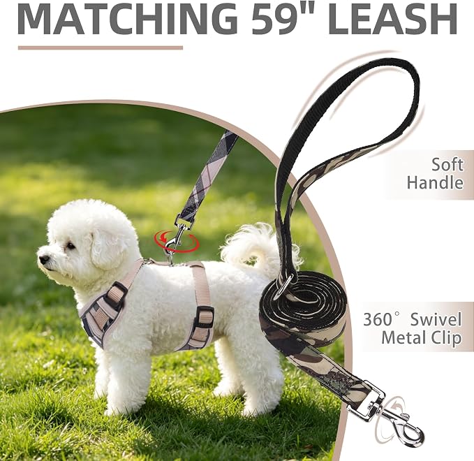 PUPTECK Dog Harness and Leash Set, No Pull Adjustable Pet Small Dog Harness, Reflective Soft Mesh Pet Vest, for Small Medium Dogs Walking, Beige, M