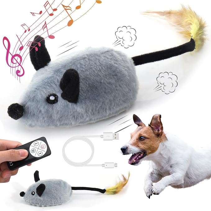 Interactive Dog Toys, Fake Mouse Moving Dog Toy with Automatic Sensor | Dog Mouse Toy with Realistic Sound & Extended Tail, Automatic Dog Toy for Cats Dogs Pet, Squeaky Dog Toys Remote Control Gray