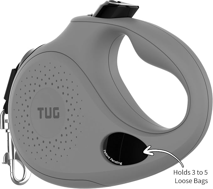 TUG Oval 360° Tangle-Free Retractable Dog Leash with Integrated Waste Bag Dispenser (Large, Grey)