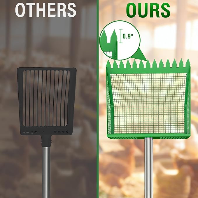 TOOGE Large Chicken Poop Scooper: 2-in-1 Metal Pooper Scooper & Rake Adjustable 62" Long Handle Stainless Steel Sand Sifting Litter Shovel Chicken Coop Scoop Cleaning Tool for Goat Farm Yard Green