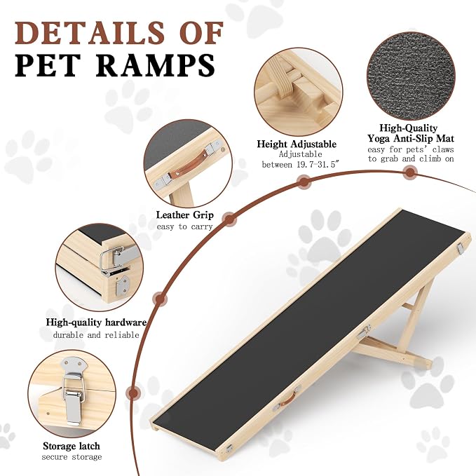 Dog Ramp for High Bed, Couch, Car, 64" Long Foldable Pet Ramp & 5 Adjustable Heights 19.7"-31.5" Wooden Dog Step with Anti-Slip Yoga Mat for Small Medium Large Older Pets, up to 200lbs
