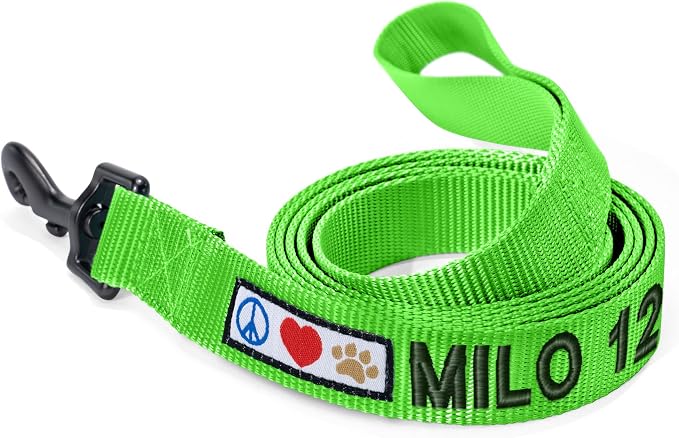 Pawtitas Personalized 6 ft Green Dog Leash M/L Custom Name and Phone Embroidery Strong Nylon Leash for Medium and Large Breeds
