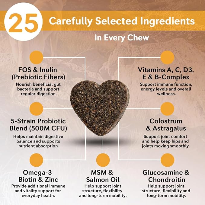25-in-1 Dog Multivitamin Soft Chews – Hip & Joint, Skin & Coat, Immune, Digestive & Calming Support – 500M CFU Probiotics, Salmon Oil, Glucosamine & Chondroitin