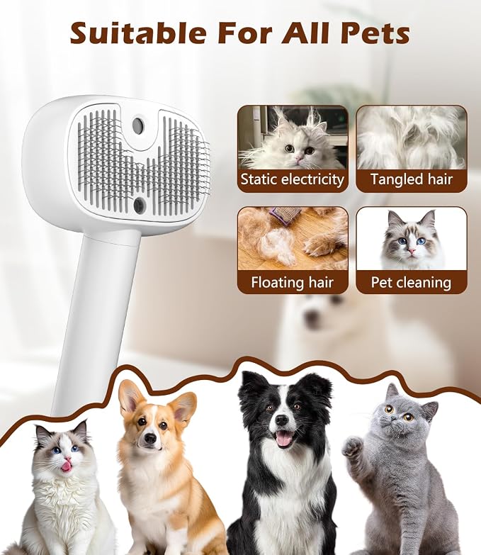 3-In-1 Cat Steam Brush for Shedding, One-Touch Release - Rechargeable - Self Cleaning Comb for Indoor Cats, Anti-Static Grooming Brush for Long and Short-Haired Cat/Dog, White