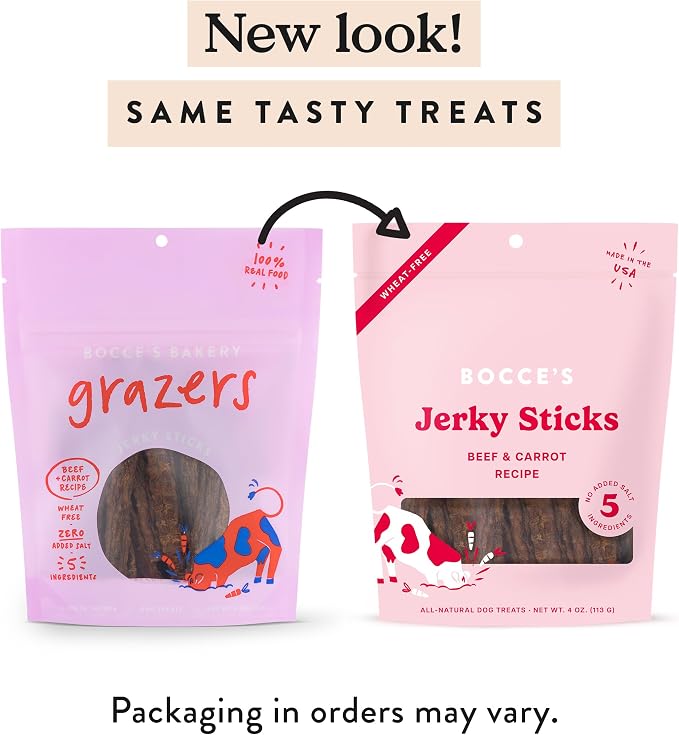 Bocce's Bakery Jerky Stick Dog Treats, Wheat-Free, Made with Limited-Ingredients, Baked in The USA with No Added Salt or Sugar, Natural & High-Protein, Beef & Carrot Recipe, 4 oz
