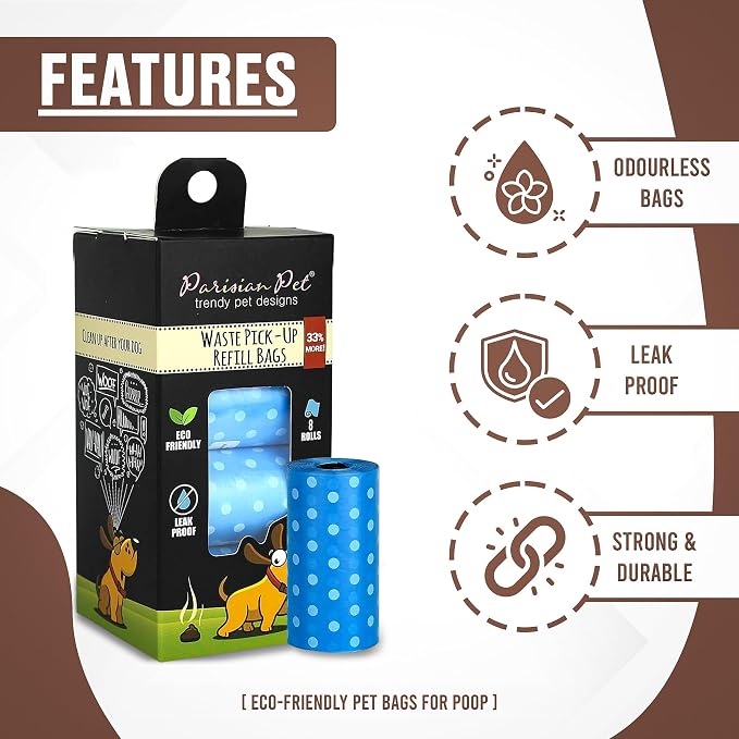 Parisian Pet Ecofriendly Dog Poop Bags Rolls - 160 Count Unscented Poop Bags For Dogs - Leakproof, Extra Thick, 8 Dog Waste Bags Refill Rolls - Polka Dot Blue Doggie Poop Bags - Fits All Dispenser