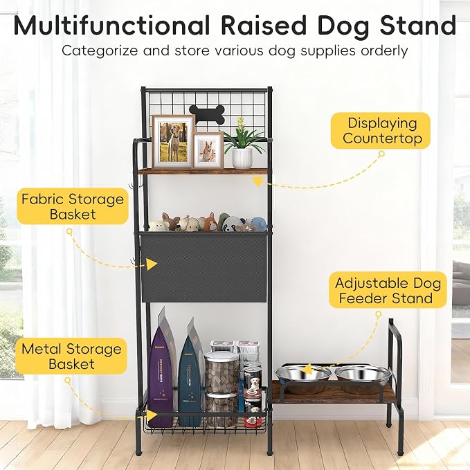 Elevated Dog Bowl Stand, Adjustable Raised Dog Stand, Pet Feeding Station Cabinet with Storage Organizer, Large Toy Bin Basket, Lifted Food and Water Bowl Holder for Large Medium Small Breed