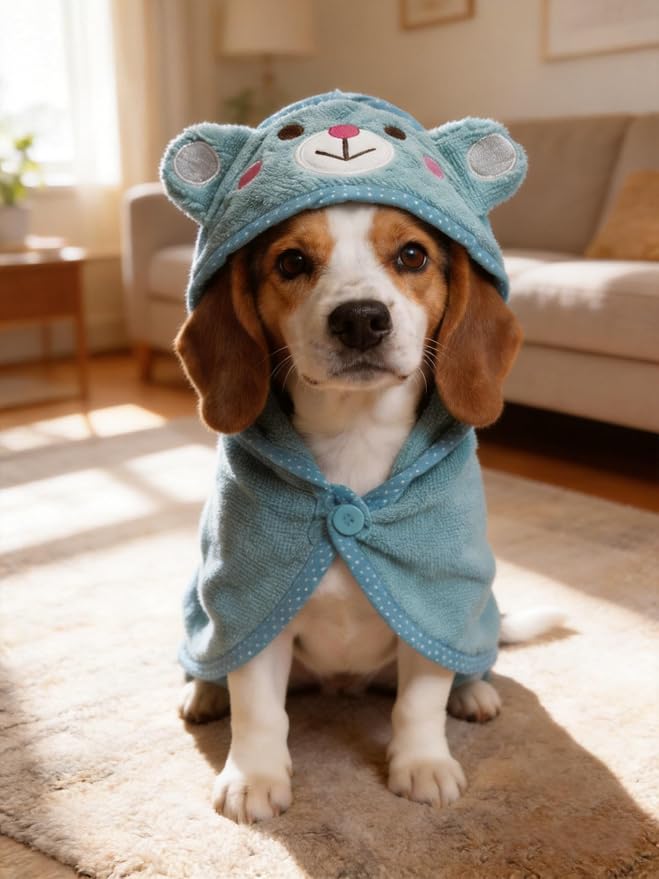 Dog Hooded Bathrobe Towel, Fast Drying Bath Towel Absorbent Warm Blanket Blue M