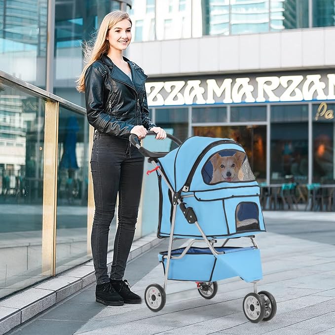 BestPet 3-Wheel Jogger Pet Stroller - Blue, Cup Holder & Removable Liner