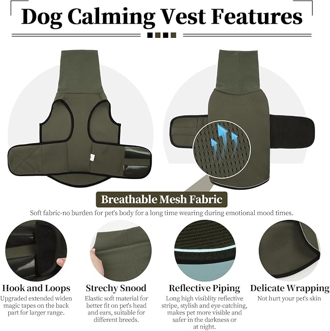 ROZKITCH Dog Anxiety Relief Jacket, Turtleneck Calming Vest for Indoor & Outdoor Use, Breathable Dog Shirt for Separation & Noise Anxiety ArmyGreen L