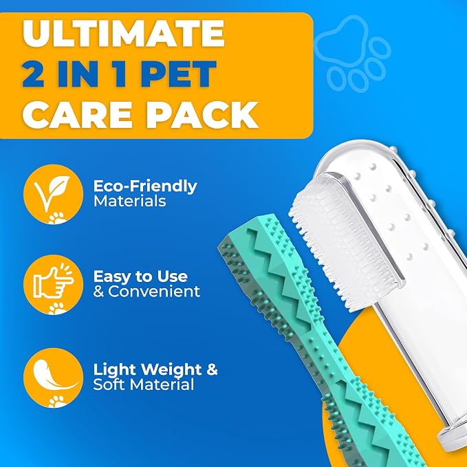 Dog Toothbrush Kit with Travel Cases – 4 Silicone Finger Toothbrushes for Dogs & Cats – Pet Dental Care, Dog Teeth Cleaning, Plaque & Tartar Control (Dog Toothbrush Kit + Dental Chew Toy)