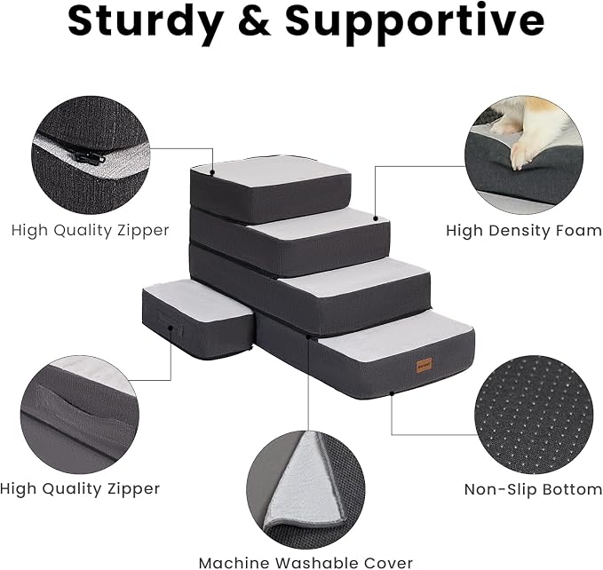 Garnpet 4-Step Adjustable Dog Stairs for Beds, Dog Steps for Small Dogs and Cats, Foldable Pet Stairs for Bed Climbing, Non-Slip Pet Step Indoor, Grey