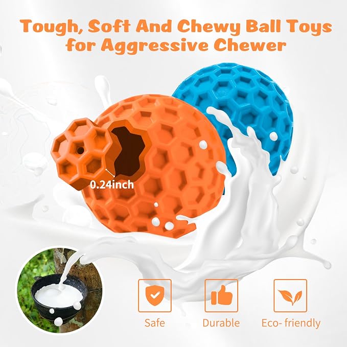 HIPPIH Indestructible Squeaky Dog Toys, Interactive Dog Balls 2 Pack | Chew Toys for Aggressive Chewers, Natural Rubber, Large/Medium Dogs, Tough Puppy Teething Toy, Relieve Anxiety