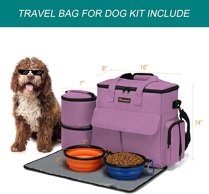 Modoker Dog Food Tote Bag with Food Containers, Bowls & Feeding Mat, Pink