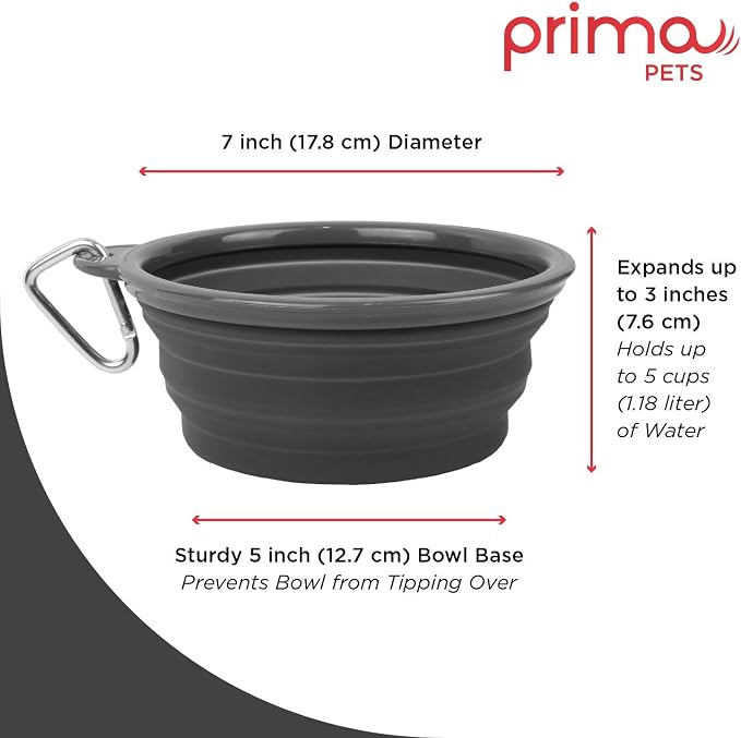 Prima Pet Collapsible Silicone Water Travel Bowl with Clip, Large 5 Cups, Grey