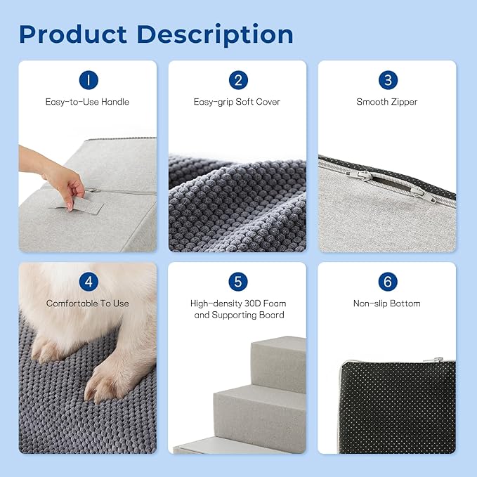 ZOMISIA Dog Steps for Couch - Pet Stairs for Small Dogs and Cats, Dog Steps with Non-Slip Bottom Grey 3 Steps, Grey