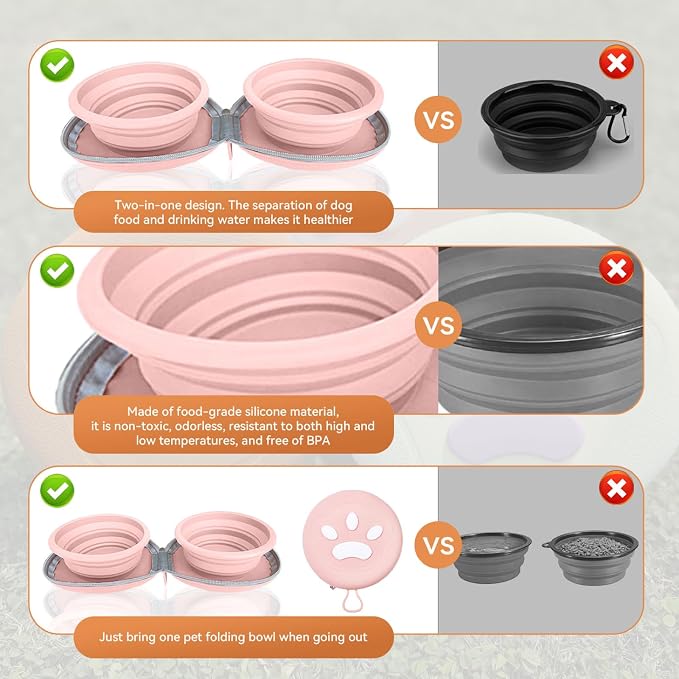 Collapsible 2-in-1 Dog Bowls, Leakproof Double Silicone, Pink